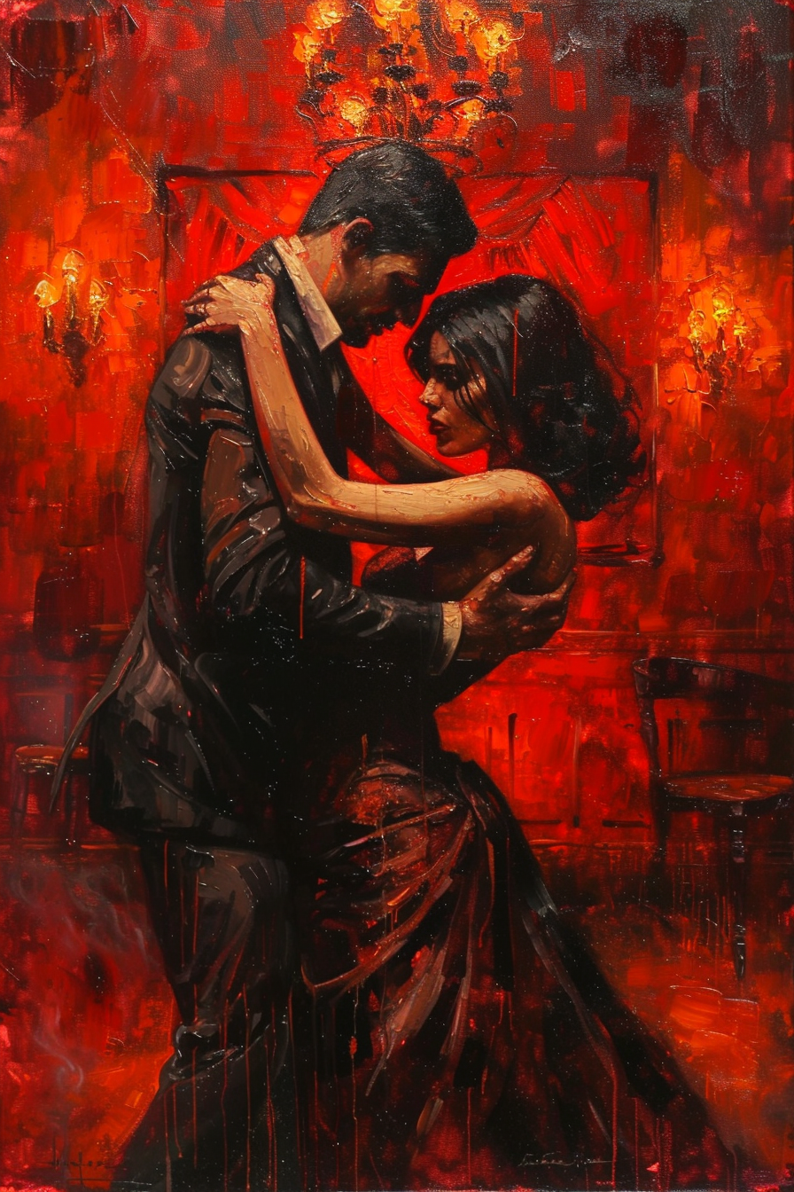 Ausdrucksstarkes Gemälde eines tanzenden Paares in rotem Licht – Symbol für Leidenschaft, Nähe und die Verschmelzung von Bewegung und Gefühl.
