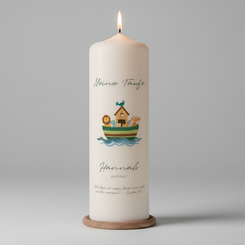 Detailansicht der Taufkerze mit Arche-Noah-Motiv in sanften Grüntönen