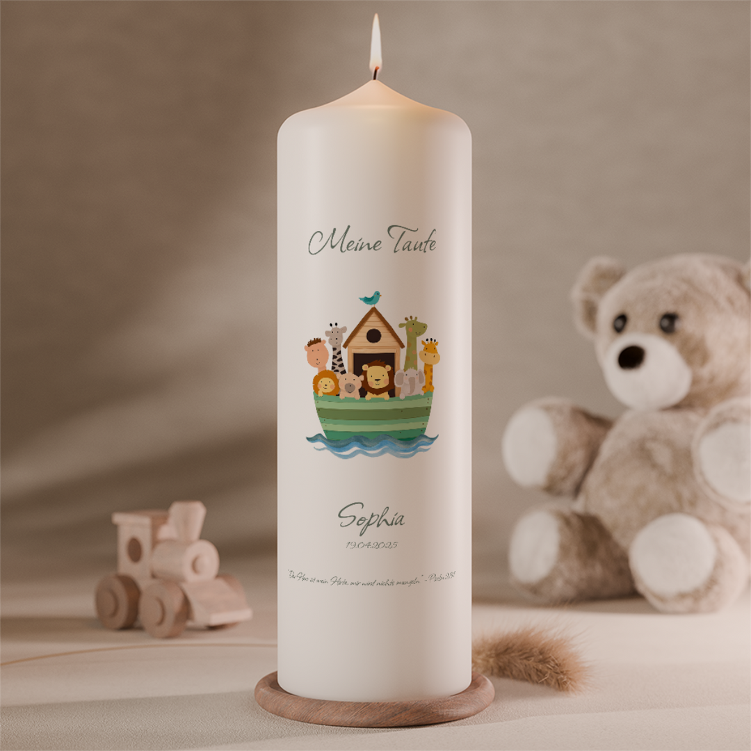 Taufkerze Arche Noah mit Tierillustrationen, personalisiert mit Name Sophia und Taufdatum