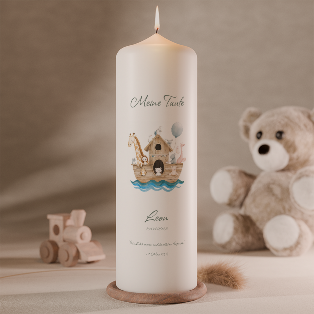 Personalisierte Taufkerze Arche Noah mit Tieren, Name und Taufdatum