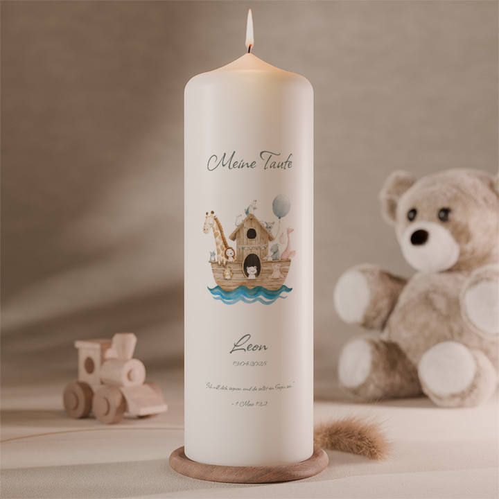 Personalisierte Taufkerze Arche Noah mit Tieren, Name und Taufdatum
