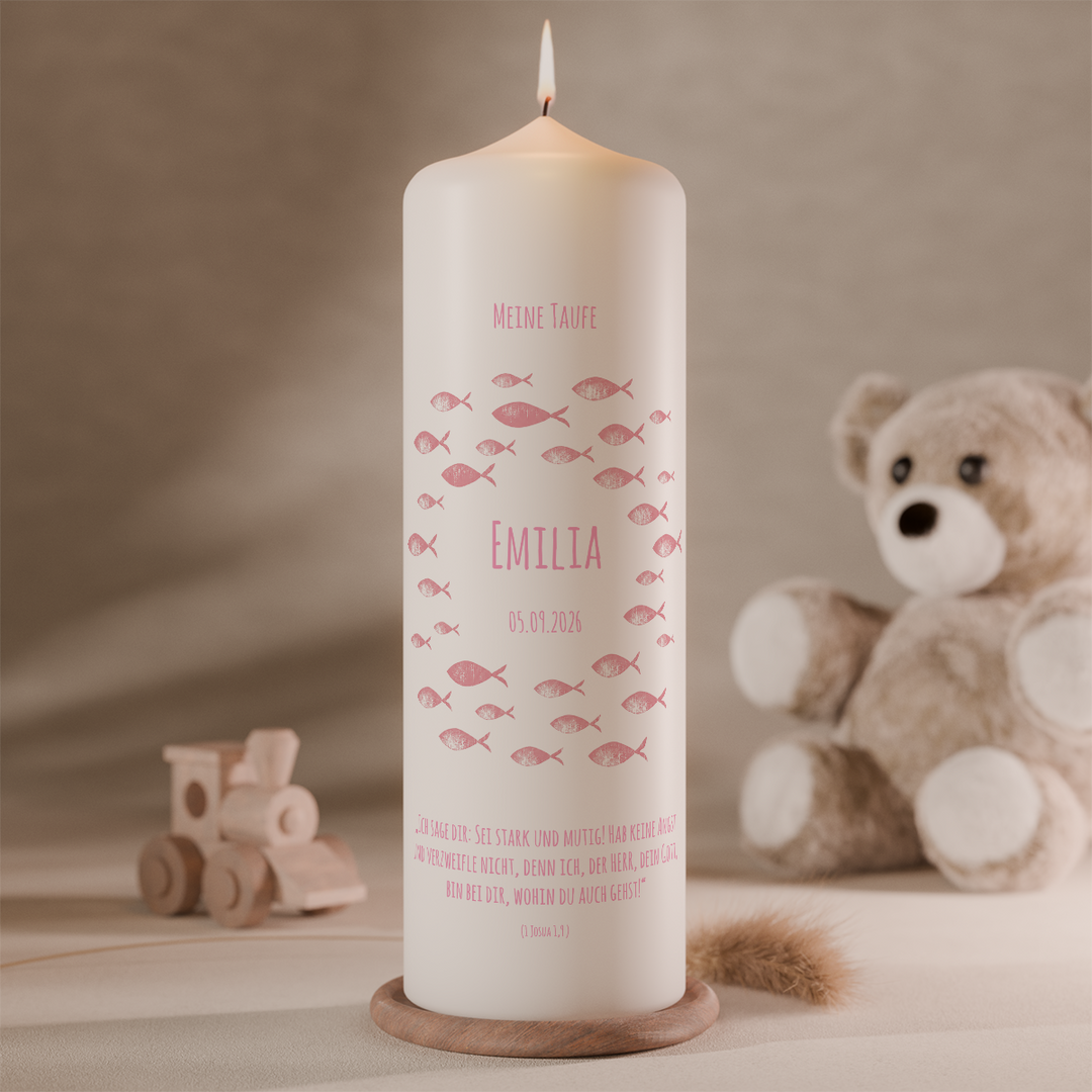 Personalisierte Taufkerze Fischschwarm Rosa mit Name und Taufspruch