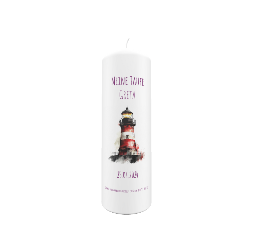 Taufkerze mit Leuchtturm-Motiv, Name Greta und Datum 25. April 2024, maritimes Design für Mädchen.