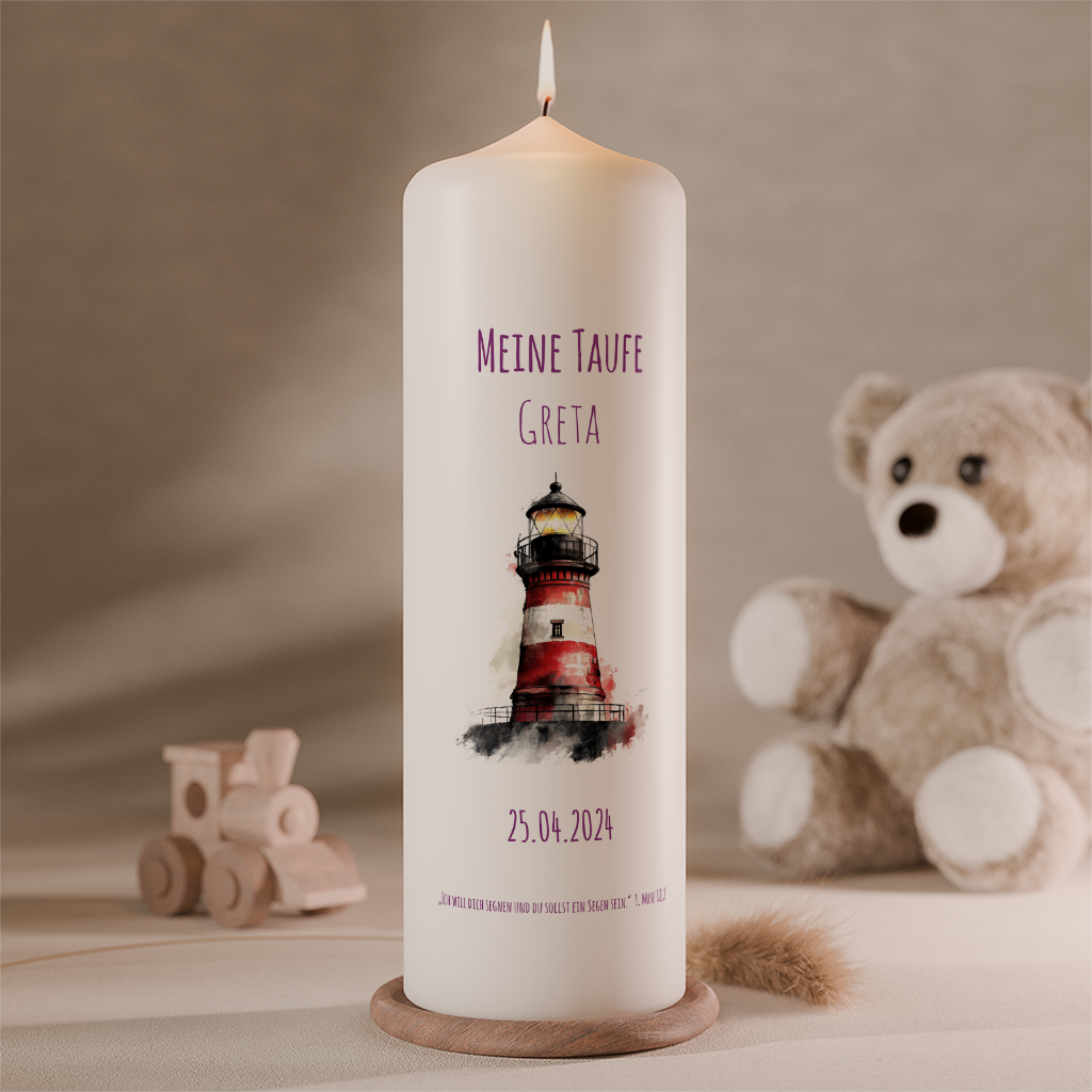 Taufkerze mit Leuchtturm-Motiv für Mädchen, personalisiert mit Name Greta