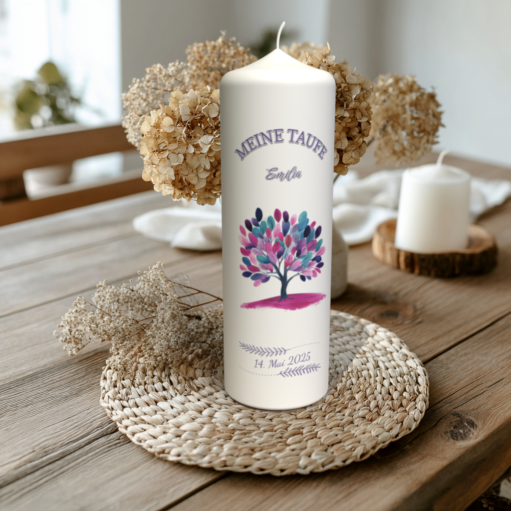 Personalisierte Taufkerze mit Lebensbaum-Motiv – Name Emilia – handgefertigt mit Taufdatum und feinen Details