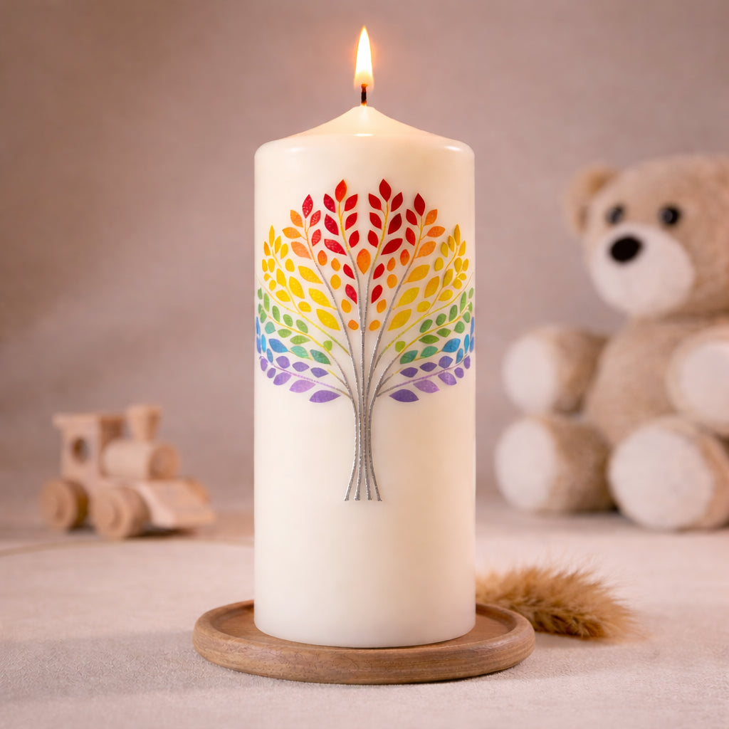 Elfenbeinfarbene Taufkerze mit farbigem Lebensbaum in Regenbogenoptik, stehend auf Holzsockel vor neutralem Hintergrund mit Teddybär