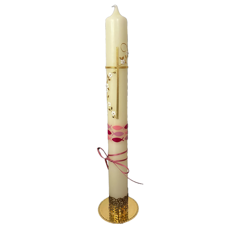 Taufkerze in Elfenbein mit rosa Fischsymbolen, Goldkreuz, Blumenranke und Schleife – personalisierbar für Mädchen