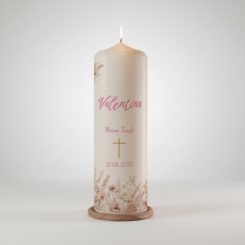 Personalisierte Taufkerze mit Blumenmotiv, goldenem Kreuz, Name Valentina und Taufdatum