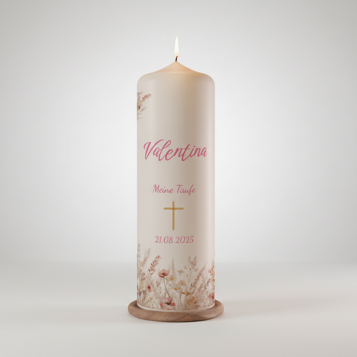 Personalisierte Taufkerze mit Blumenmotiv, goldenem Kreuz, Name Valentina und Taufdatum