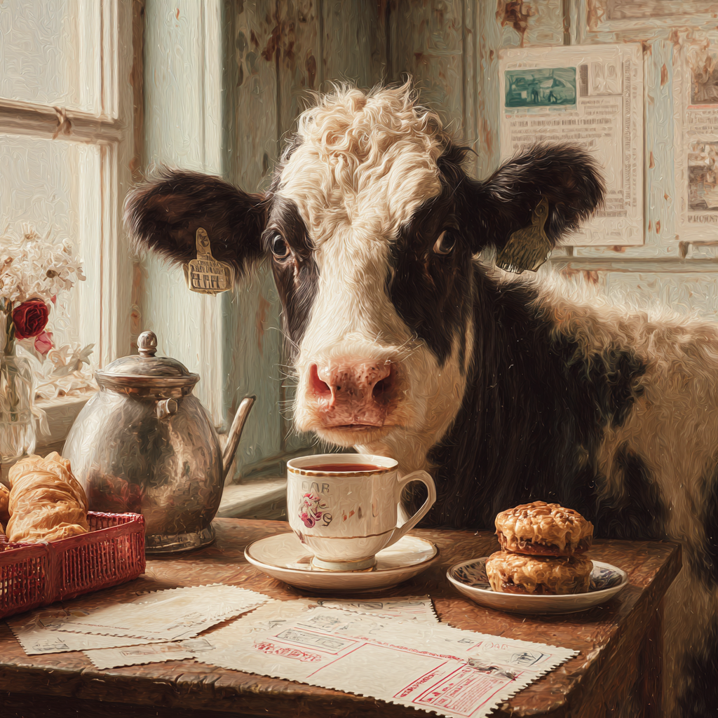 Schwarz-weiße Kuh sitzt in einer rustikalen Bauernhausküche und trinkt Tee. Warmes, malerisches Stillleben mit humorvollem Charakter.

