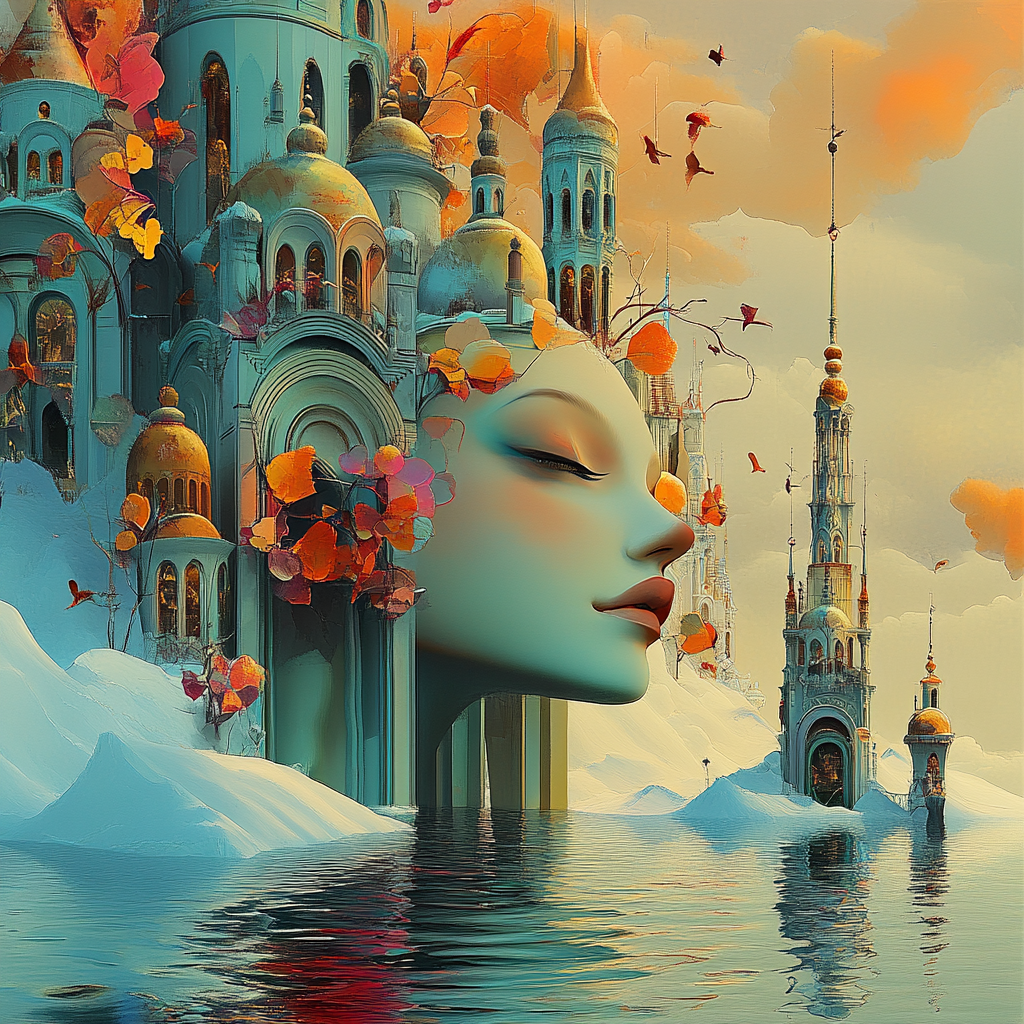 Surreale Szene mit architektonischen Kuppeln und Türmen, die in sanften Herbstfarben leuchten; ein weibliches Gesicht mit geschlossenen Augen verschmilzt mit der Stadtlandschaft über einem stillen Wasser.
