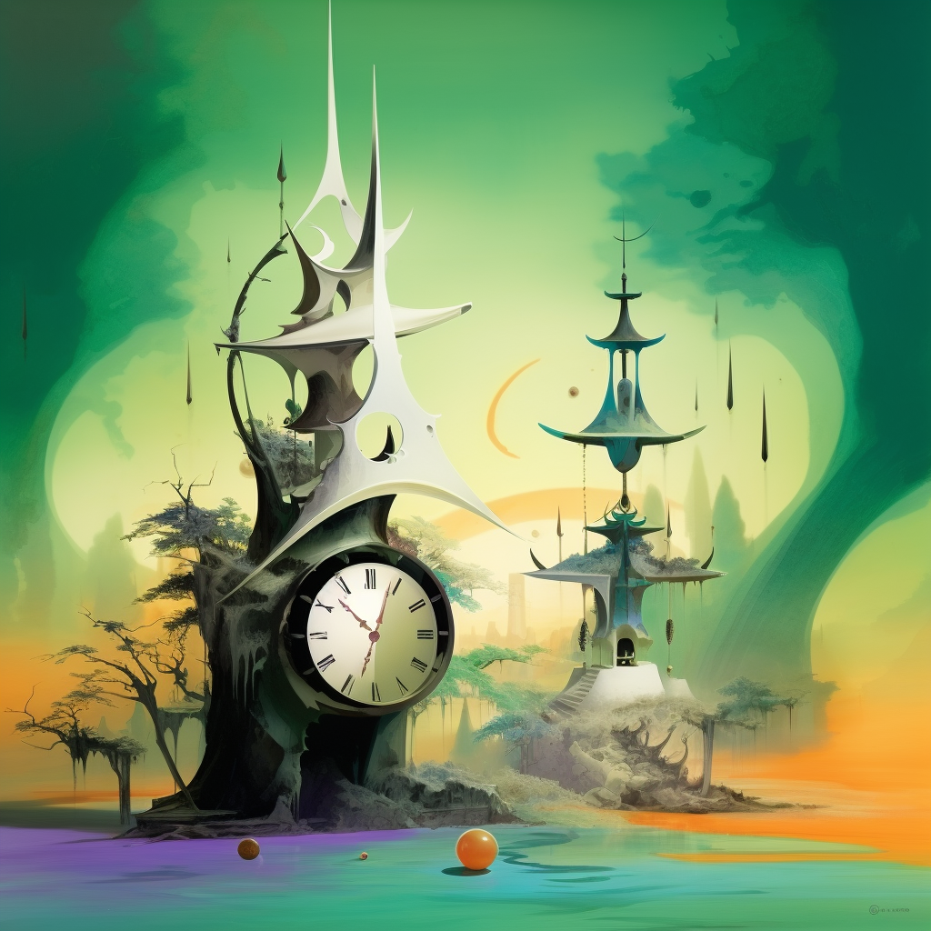 Surreales Kunstwerk mit architektonischen Türmen und einer großen Uhr, in einer mystischen Landschaft aus Nebel, Licht und warmen Grüntönen.
