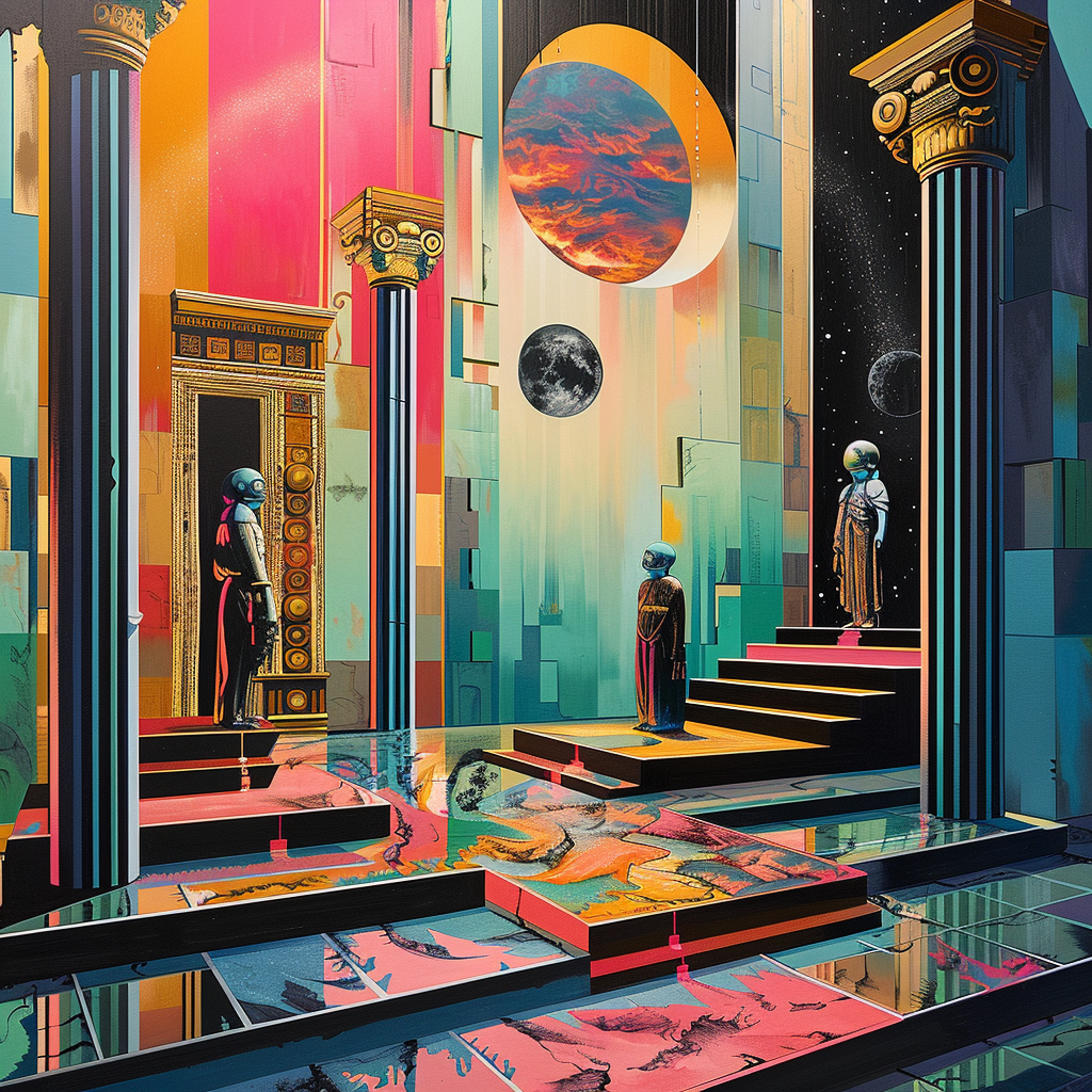 Drei Figuren in Raumanzügen stehen in einem farbintensiven, architektonisch-mystischen Tempel mit Säulen und schwebenden Planeten.
