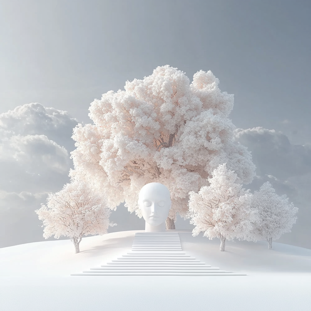 Weiße Skulptur eines menschlichen Kopfes auf einer Treppe, umgeben von blühenden Bäumen in winterlicher Landschaft – eine stille, spirituelle Komposition zwischen Traum und Meditation.
