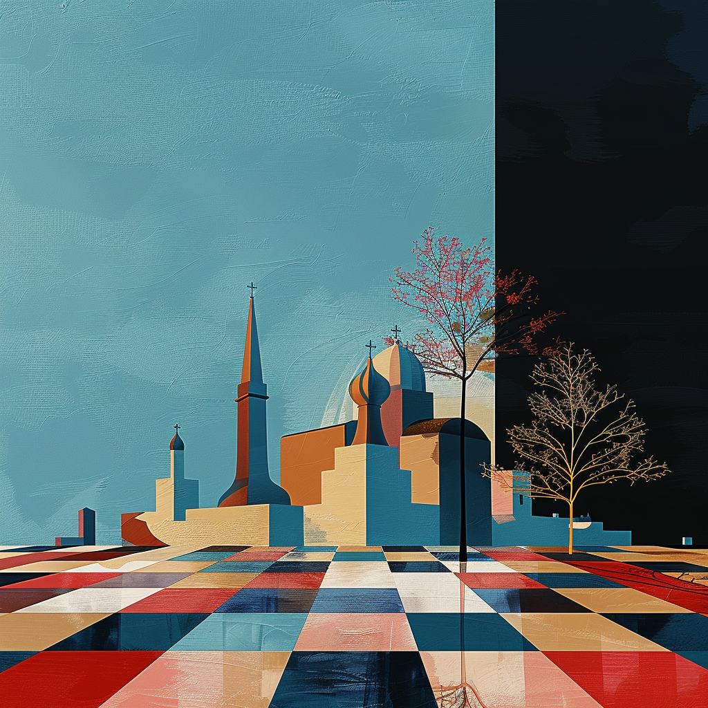 Abstrakte Architekturlandschaft mit geometrischen Gebäuden, Türmen und Bäumen auf einem farbigen Mosaikboden. Linke Bildhälfte in hellem Tageslicht, rechte Hälfte in Dunkelheit – Symbol für Gleichgewicht und Übergang.
