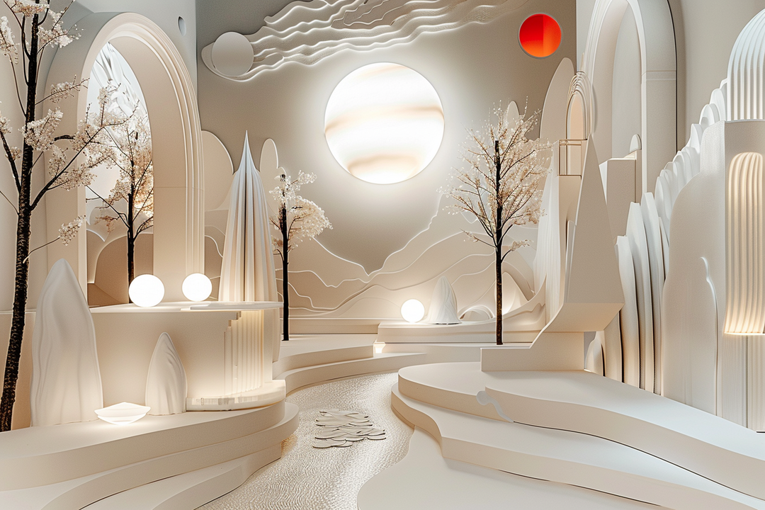 Surreale, helle Architektur mit Bäumen, geschwungenen Formen und Lichtkugeln. Eine sanft leuchtende Sonne dominiert die Szene – minimalistisch, friedlich und von sakraler Atmosphäre.
