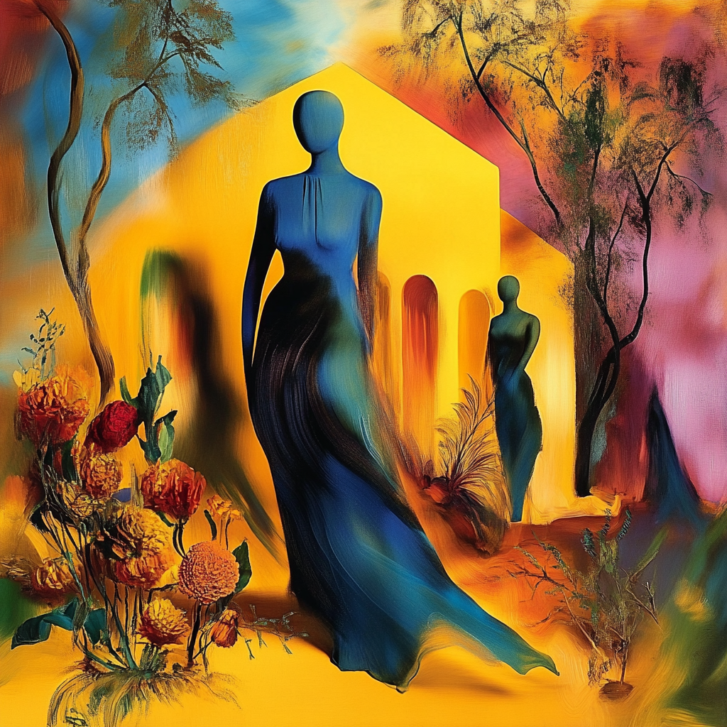 Surreale Szene mit zwei abstrahierten, weiblichen Figuren in fließenden blauen Gewändern vor einem goldgelben Tempel. Umgeben von leuchtenden Farben – Orange, Blau und Violett – und floralen Elementen im Vordergrund.
