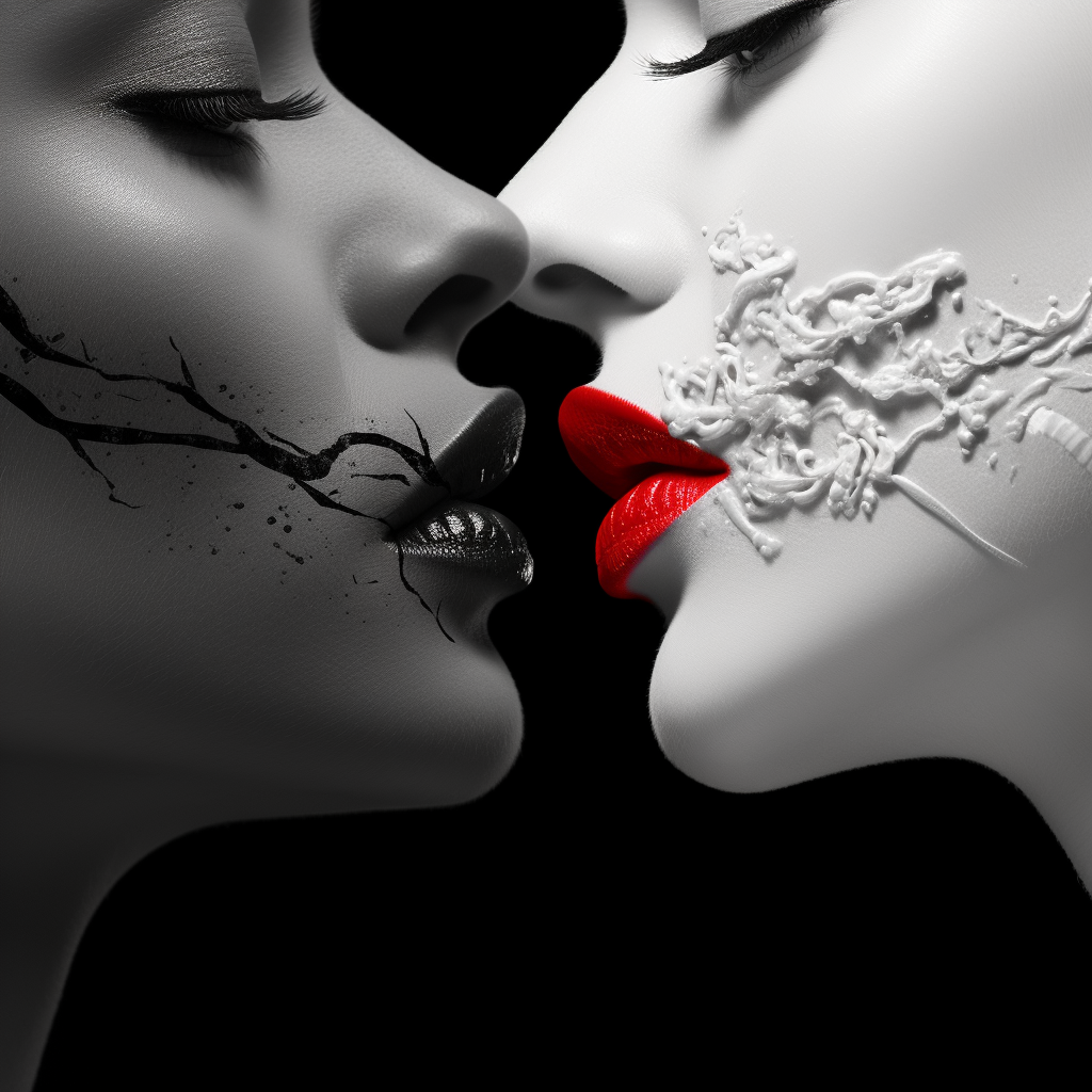 Zwei Gesichter im Moment des Kusses – eines schwarz mit Rissen, das andere weiß mit roten Lippen und plastischer Textur – Sinnbild für Dualität, Verletzlichkeit und Leidenschaft.
