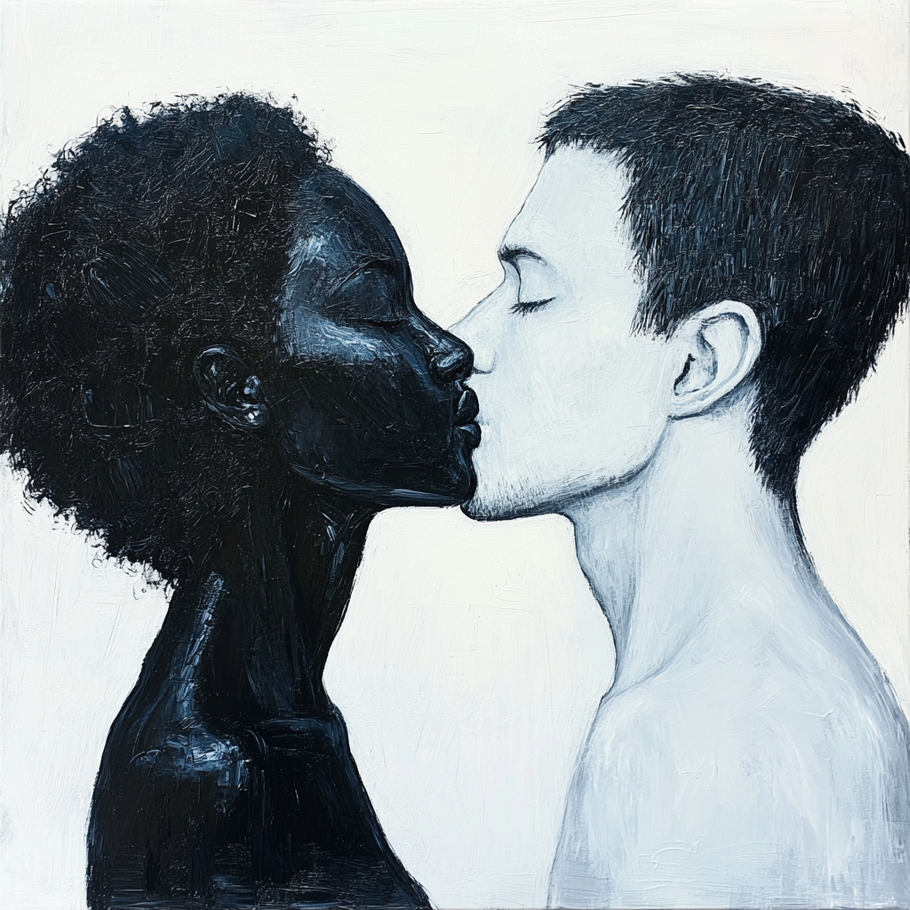 schwarzweiß gemälde eines paares beim kuss, symbol für liebe und verbindung
