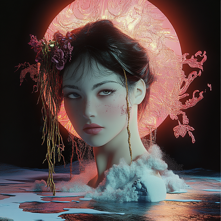 Porträt einer Frau vor einer glühenden roten Sonne, mit Blumen im Haar und goldenen Details – Symbol für feminine Kraft und kosmische Ruhe.
