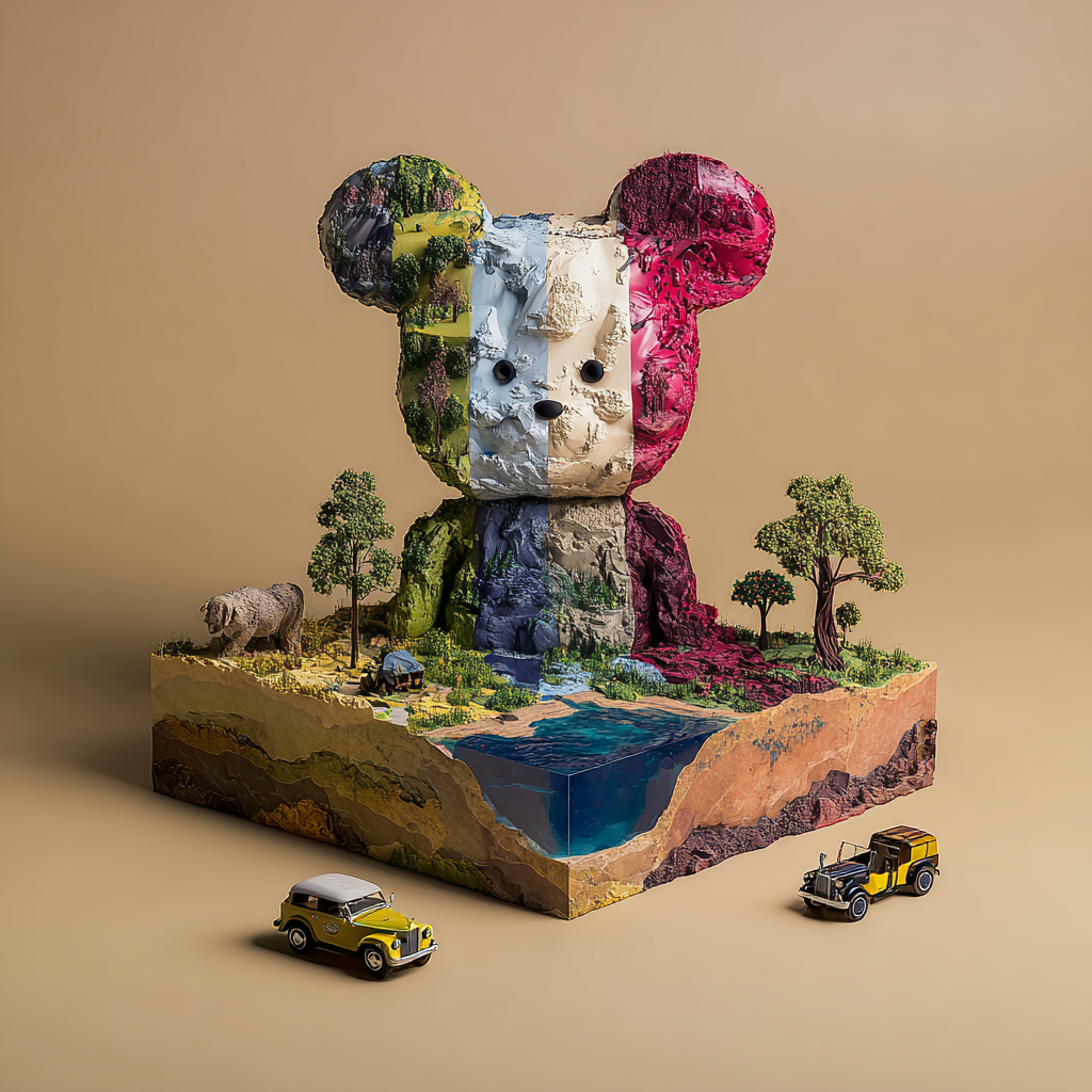 Surreale Landschaftsskulptur in Form eines Bärenkopfes aus Erde, Gestein und Vegetation – ein Miniatur-Diorama mit Wasser, Bäumen und Autos auf neutralem Hintergrund.
