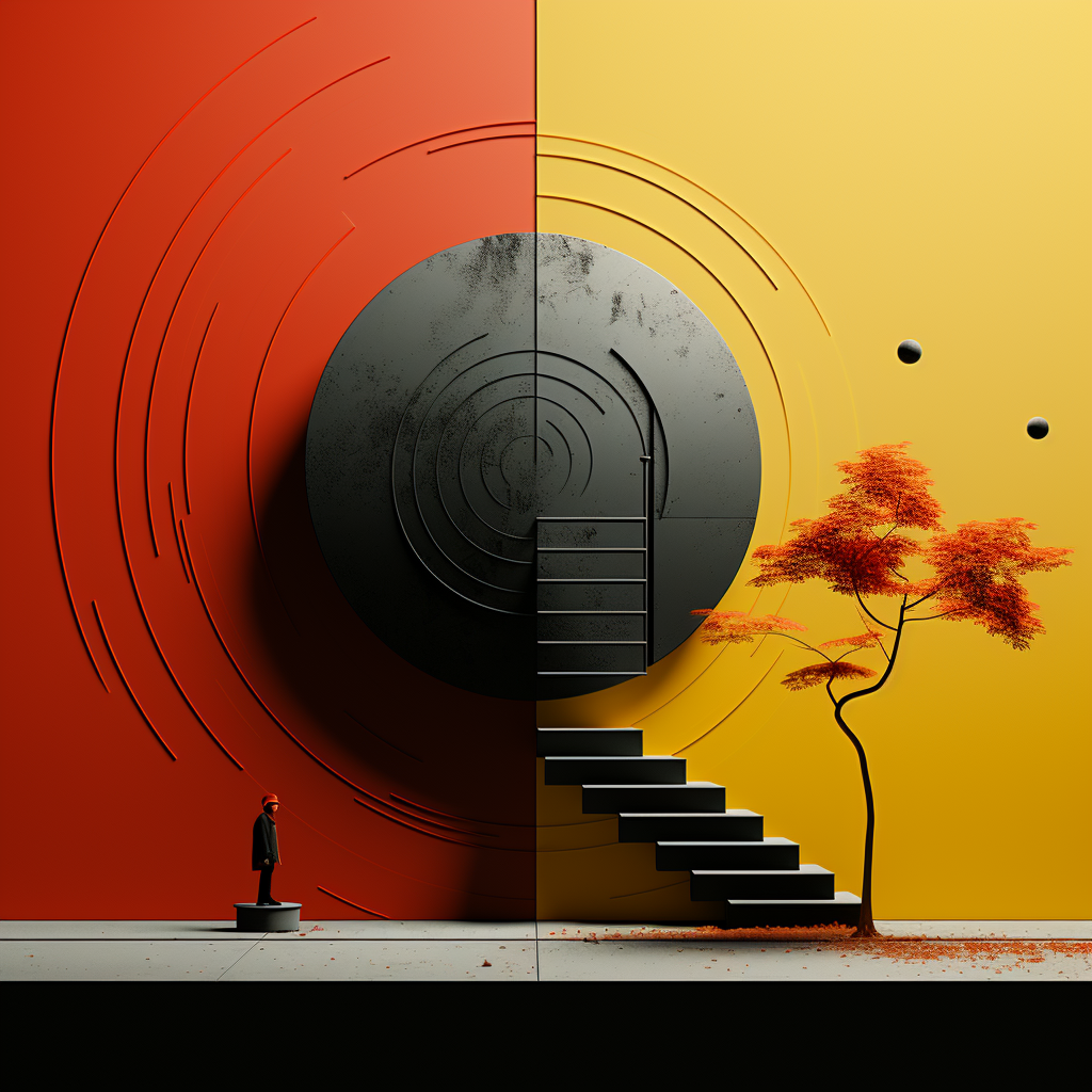 Abstrakte Szene mit Treppe, Kreisstruktur, roter und gelber Wandhälfte sowie Baum und Figur in harmonischer Balance.
