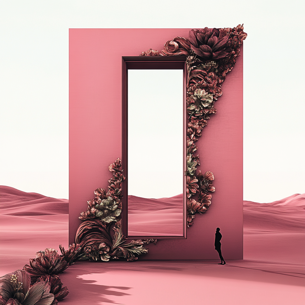 Surreales rosa Tor in einer Wüstenlandschaft, umrankt von floralen Formen; eine kleine menschliche Figur steht davor und blickt empor.
