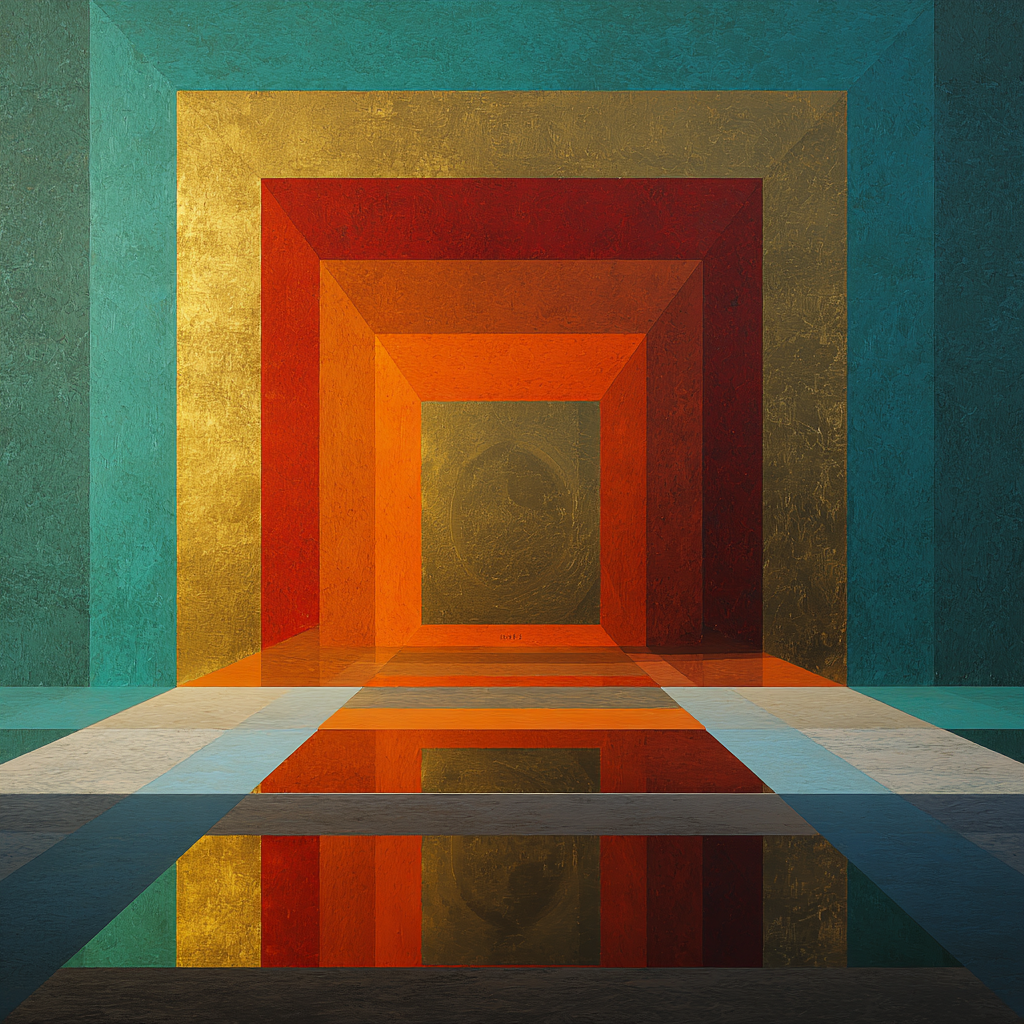 Geometrische Farbräume aus Gold, Rot, Orange und Türkis formen einen perspektivischen Tunnel mit spiegelndem Boden.
