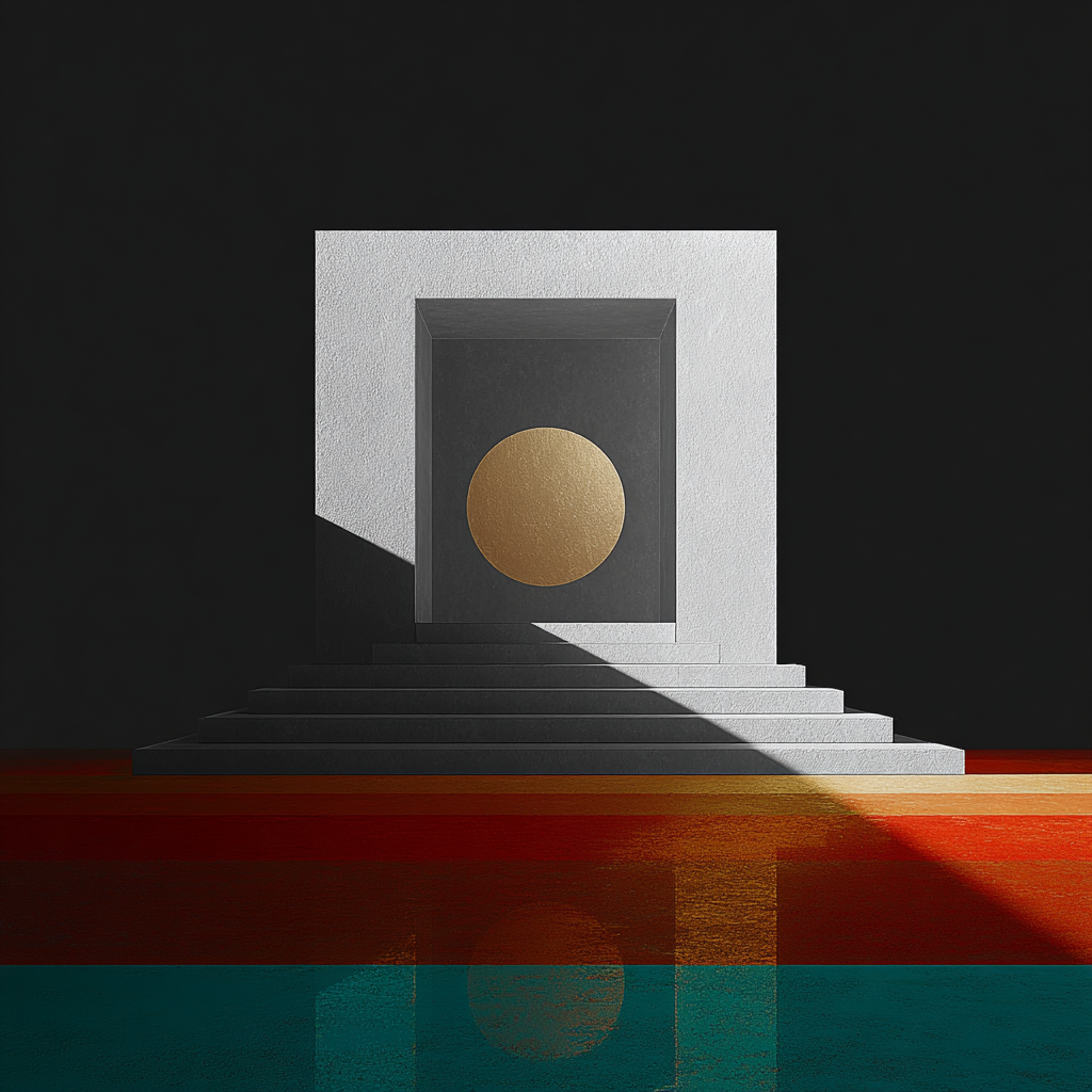 Geometrisches Kunstwerk mit weißem Portal, goldenem Kreis und farbigen
Reflexionen. Minimalistisch, architektonisch und symbolisch.
