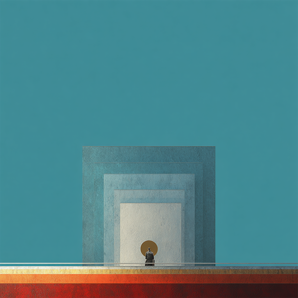 Person vor übereinander gestaffelten, farbigen Portalen mit goldenem Kreis –
minimalistische Szene in Blau-, Rot- und Ockertönen.
