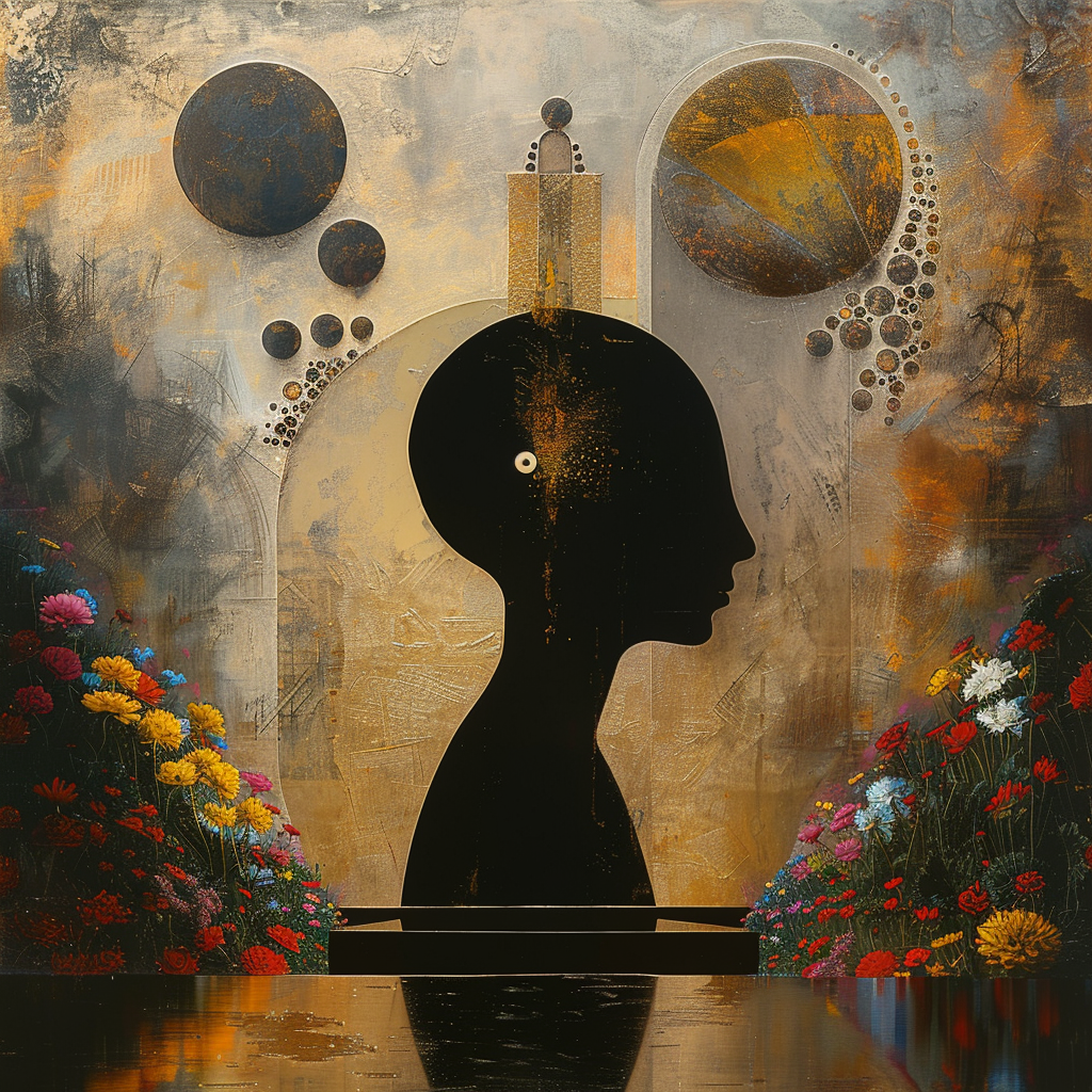 Abstraktes surrealistisches Porträt eines schwarzen Schattens mit kugelförmigen Symbolen und Blumen – Darstellung von Bewusstsein und innerer Welt
