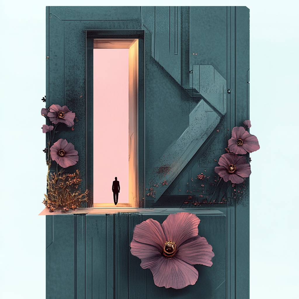 Surreale architektonische Struktur mit einer schmalen Öffnung, durch die warmes Licht fällt; blühende Pflanzen wachsen an den Kanten, eine einzelne Figur steht im Eingang.
