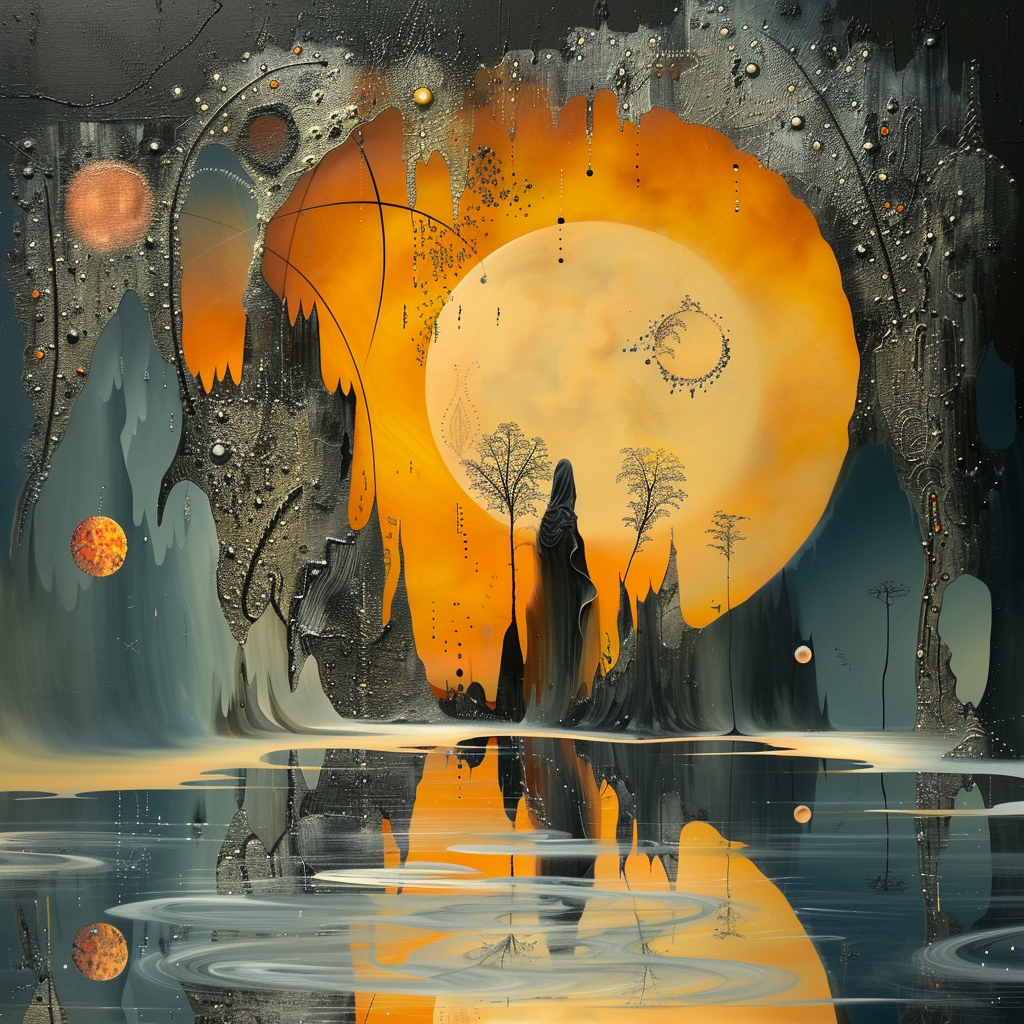 Surreale Figur in einer goldenen, leuchtenden Landschaft vor einem riesigen, strahlenden Mond – Symbol für Erleuchtung, Übergang und spirituelles Erwachen
