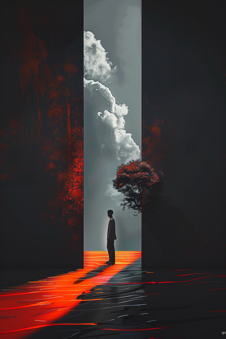 Eine einzelne Person steht in einem schmalen Lichtstreifen zwischen zwei dunklen Wänden. Über ihr türmen sich weiße Wolken, und ein Baum mit roten Blättern leuchtet am Rand der Szene.
