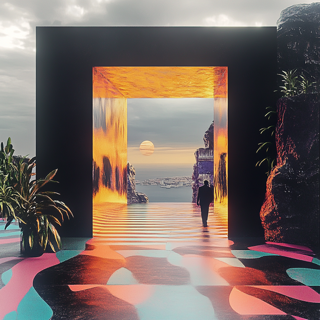 surrealistische szene mit einem mann, der durch ein goldenes tor auf eine sonnenlandschaft blickt
