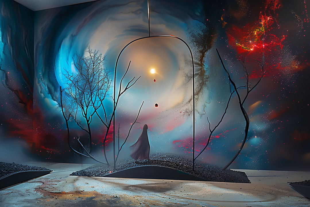 surrealistische landschaft mit figur vor leuchtendem tor im universum
