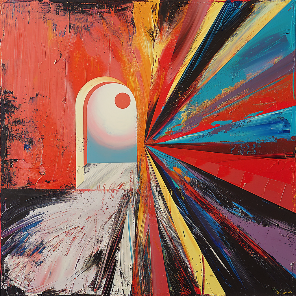 Abstrakte Malerei mit einem hellen Torbogen und farbexplosiven Linien, die in Richtung Licht und Horizont führen.
