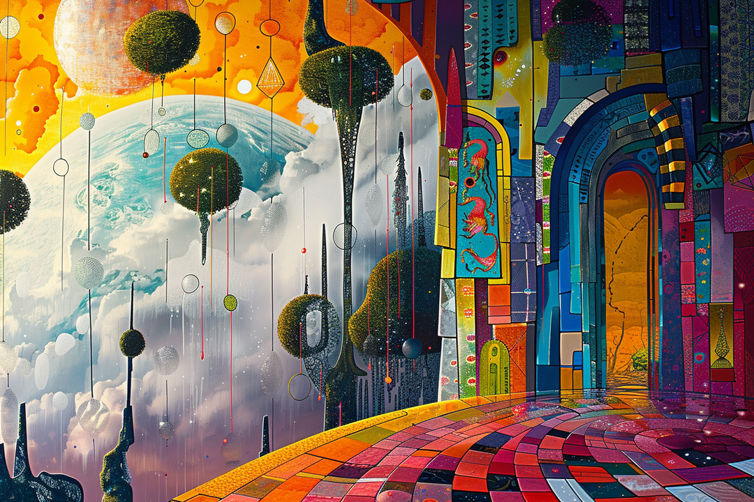 fantastische architektur mit schwebenden kugeln und planetenlandschaft
