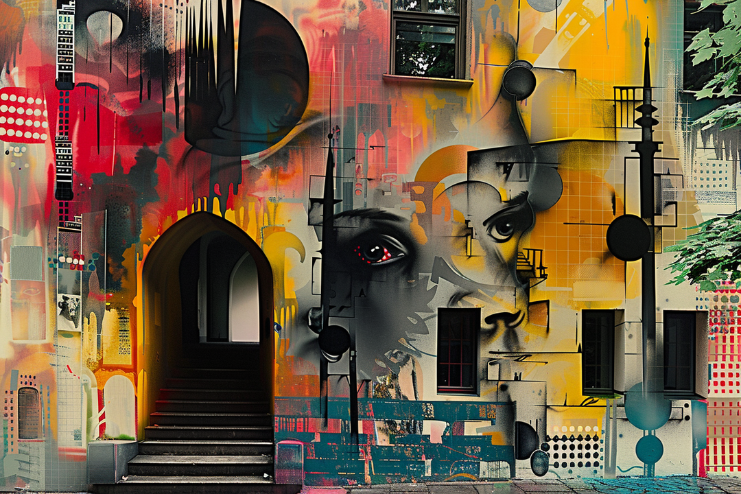 Futuristisch-surreale Stadtansicht mit einem Torbogen und einer Treppe, die ins Dunkel führt. Die Fassade ist mit leuchtenden Farben – Rot, Gelb, Schwarz – und grafischen Mustern bedeckt. Eingearbeitet sind Gesichter, Augen und architektonische Formen.
