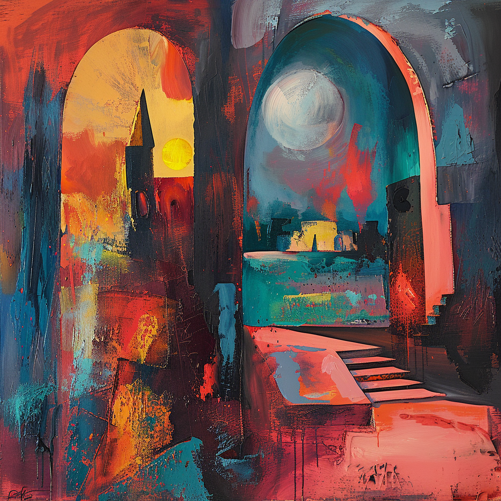 Abstrakte Malerei mit zwei großen Torbögen. Links ein rötlich-gelber Raum mit Turm und Sonne, rechts ein kühler blauer Raum mit Mond und Treppen – starke Kontraste aus Licht, Farbe und Emotion.
