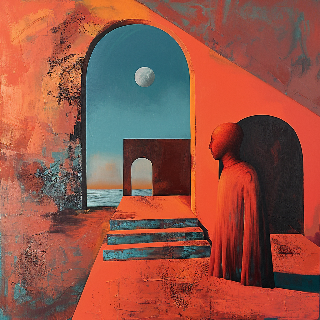 figur in rotem raum mit torbogen und mond über dem meer
