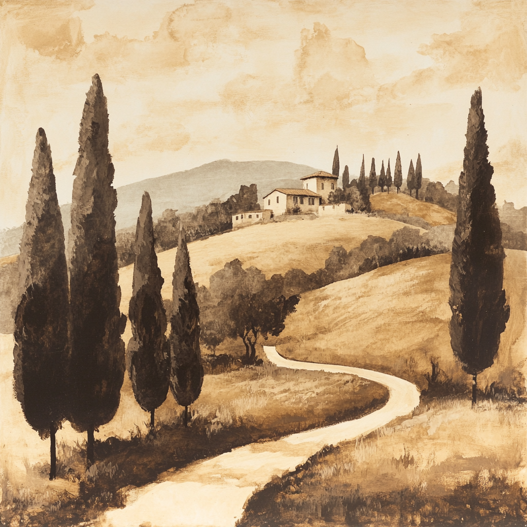 Sepiafarbenes Landschaftsgemälde mit Zypressen, sanften Hügeln und einem toskanischen Landhaus unter weichem Himmel.
