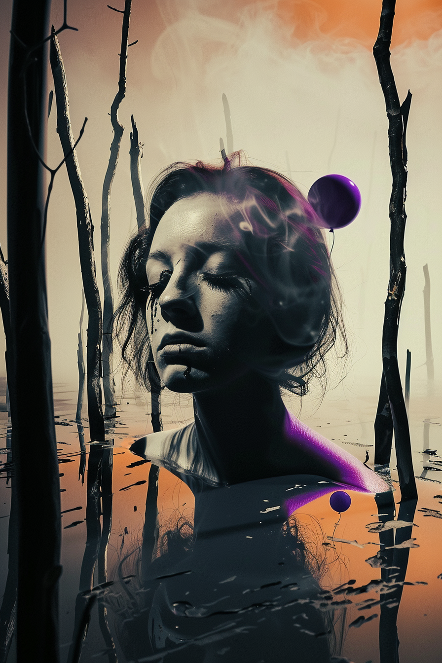 Surrealistisches Porträt einer Frau mit geschlossenen Augen, teilweise im Wasser versunken, in einer träumerischen und melancholischen Landschaft
