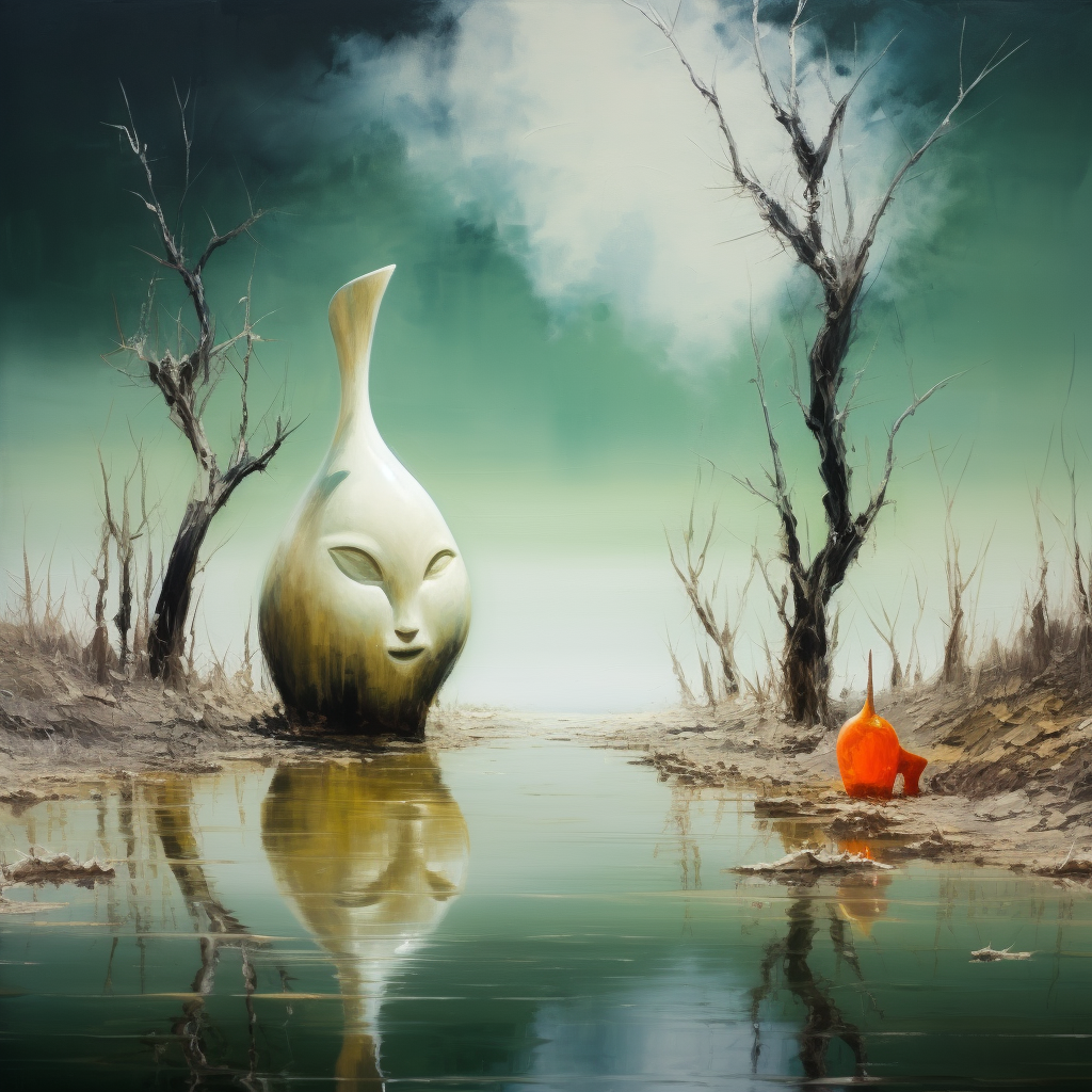 Surreale Landschaft mit einer großen, tropfenförmigen Skulptur mit Gesicht am Seeufer, gegenüber einer kleineren roten Figur, umgeben von kahlen Bäumen und grünem Himmel.

