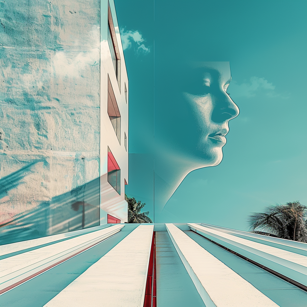 Minimalistische Komposition aus Architektur und Porträt; das Gesicht einer Frau erscheint halbtransparent über einem modernen Gebäude in Türkis- und Weißtönen, mit klaren Linien und sonniger Atmosphäre.

