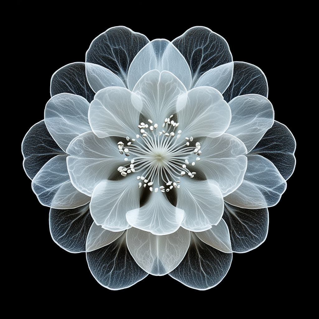 Transparente, symmetrische Blüte mit feinen Strukturen auf schwarzem Hintergrund
