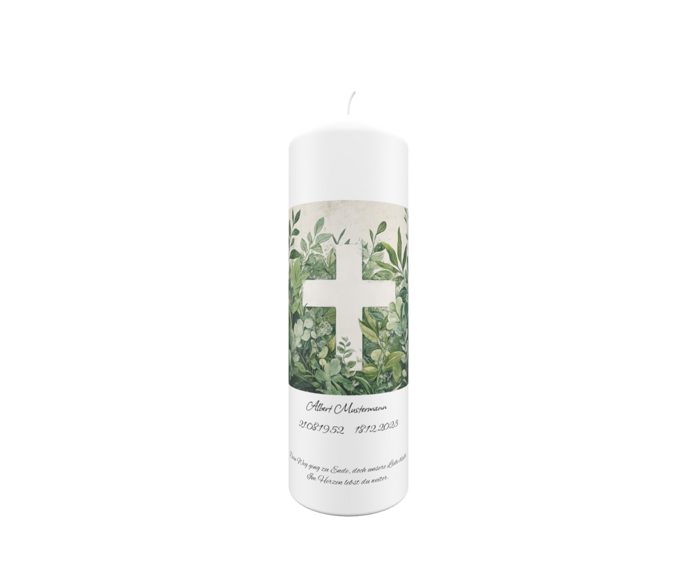 Weiße Trauerkerze mit grünem Blattmotiv und hellem Kreuz, freigestellt auf transparentem Hintergrund – Symbol für Hoffnung, Trost und ewiges Leben.