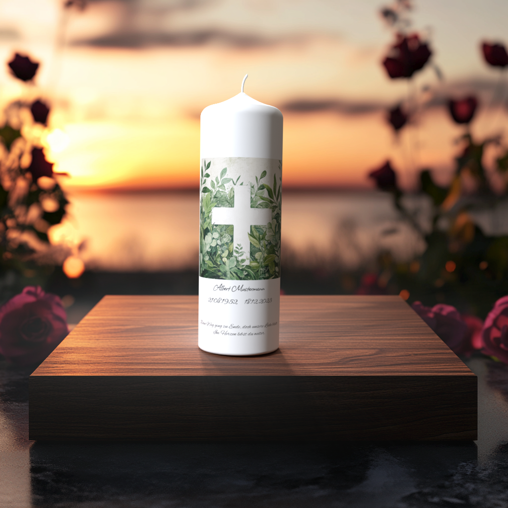 Weiße Trauerkerze mit grünem Blattwerk und weißem Kreuz, auf Holzpodest vor Sonnenuntergang mit Rosen, Symbol für Frieden und Erinnerung.