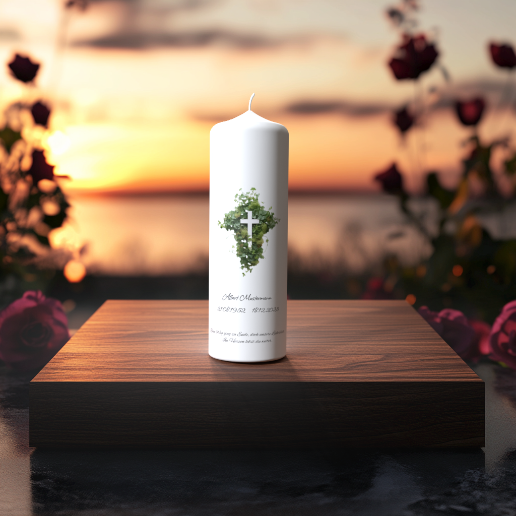 Weiße Trauerkerze mit Efeuherz und Kreuz auf Holzpodest vor Sonnenuntergang mit Rosen – Symbol für Hoffnung, Glaube und ewige Verbundenheit.