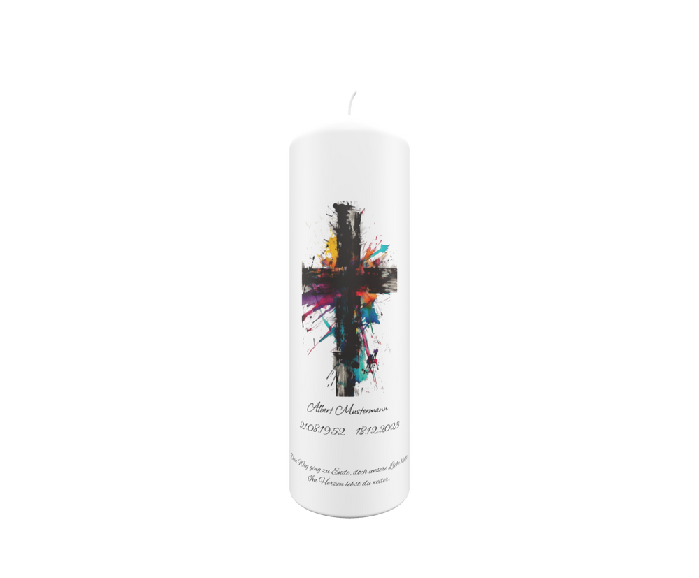 Weiße Trauerkerze mit farbstarkem Expression-Kreuz in Violett, Türkis, Gelb und Pink – freigestellt auf transparentem Hintergrund, Symbol für Leben und Erinnerung.